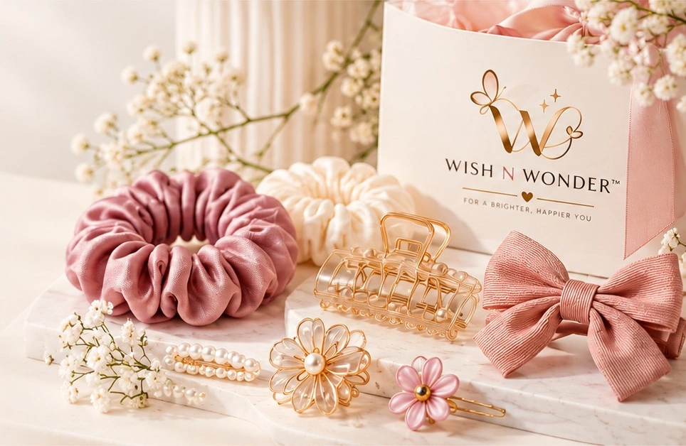 Satin scrunchies, a pearl claw clip, flower clips, a pink bow and a Wish N Wonder gift bag
